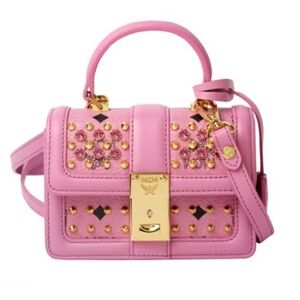 LIMITED EDITION! Glam MCM Gold Stud Pink Visetos Mini Bag Crossbody Satchel 2way